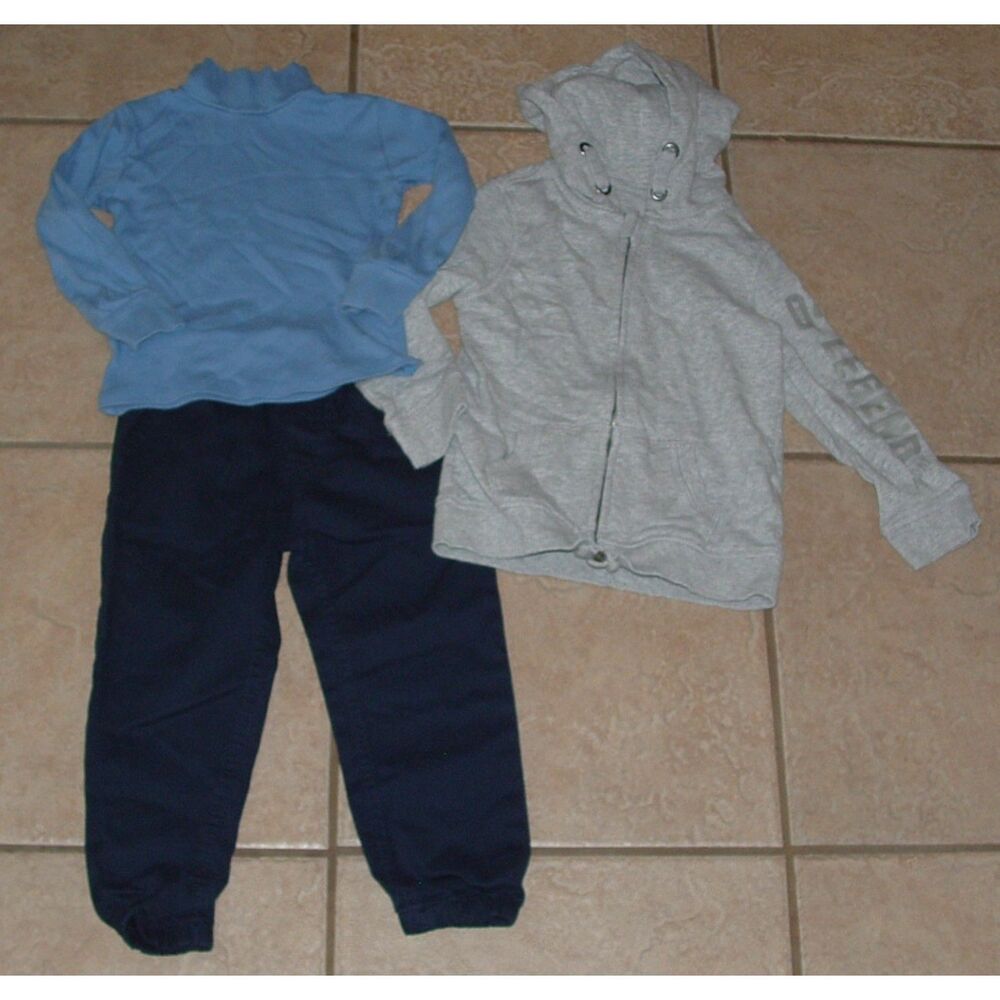 Boys Sz 3 Toddler Gray Full Zip Hooded Jacket & Blue Turtleneck & Pants 3 Pc Lot